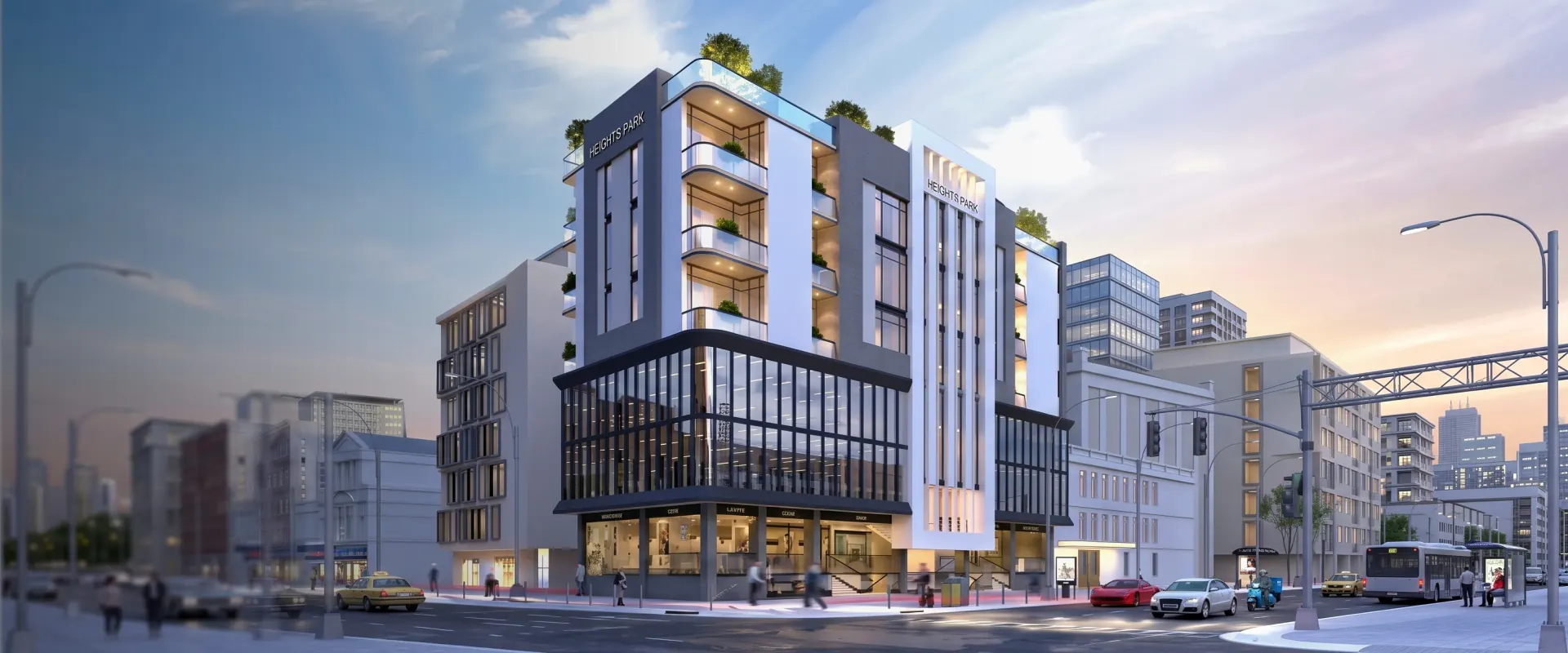 3D rendering of Heights Park, a Sadiqeen Group commercial building with shops and offices in NOVA City near Islamabad Airport