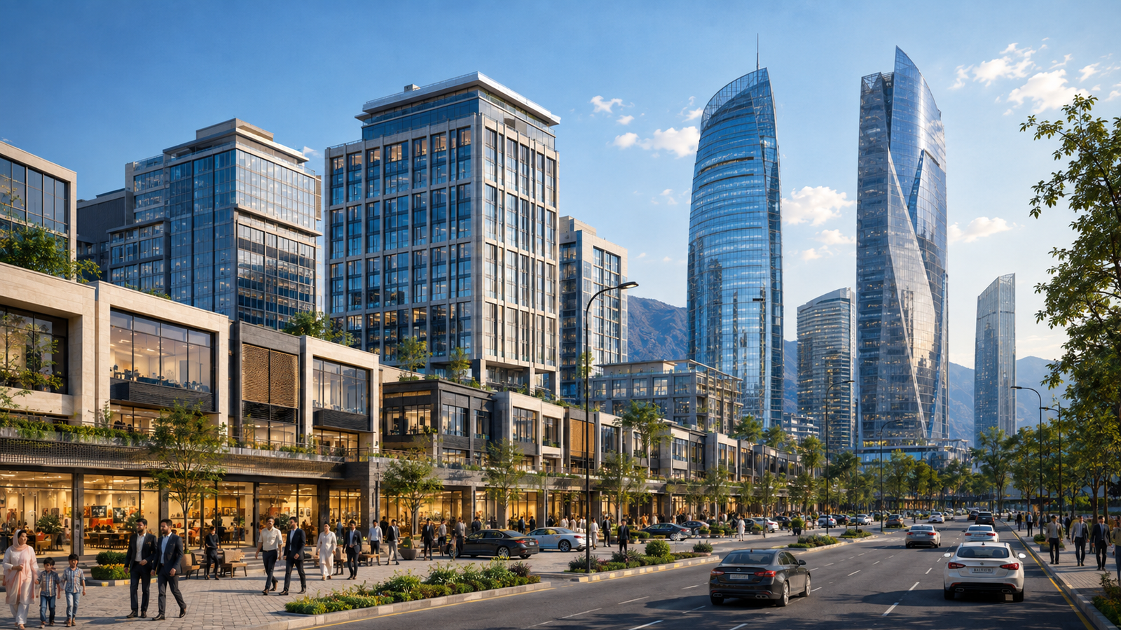 Modern commercial district with shops, office towers and high-rise buildings