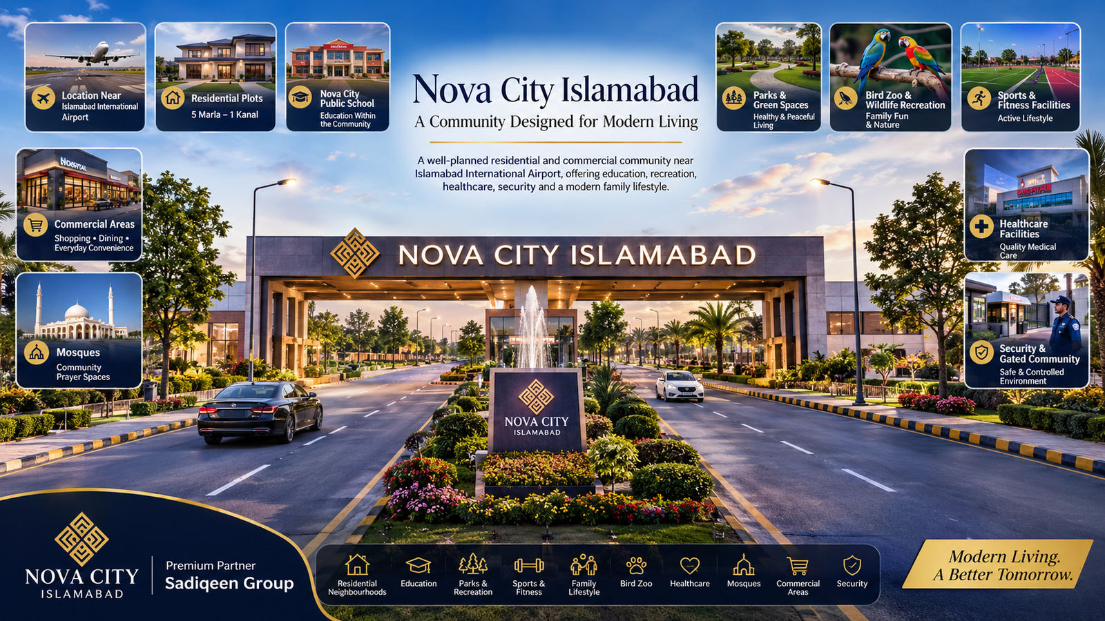 Nova City Islamabad entrance with landscaped boulevard, school, commercial area and mosque in a modern community setting.